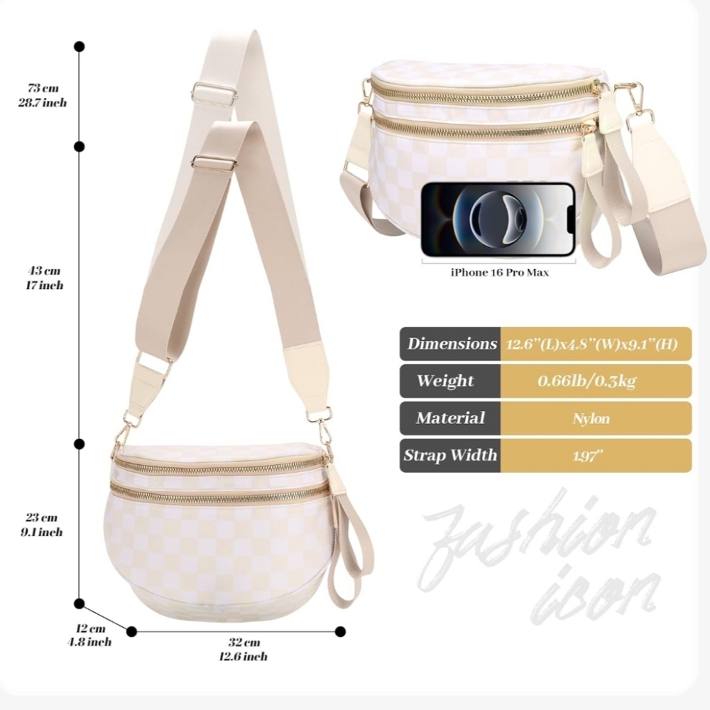 Checkered Nylon Crossbody Sling Bag Cream White Waterproof Gold Zip Adjustable